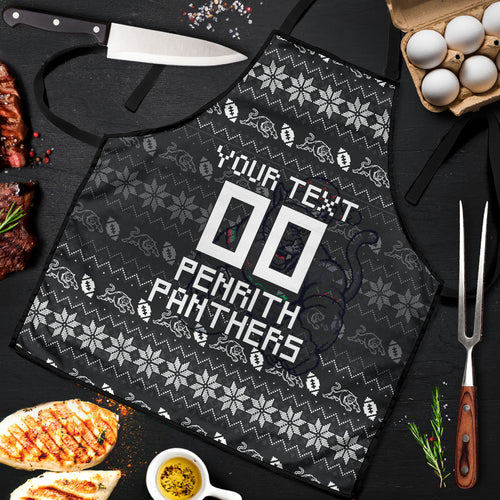 Personalized Penrith Panthers Christmas Apron Australian Rugby Fans - Pixelated Ugly Xmas Pattern Mascot Santa