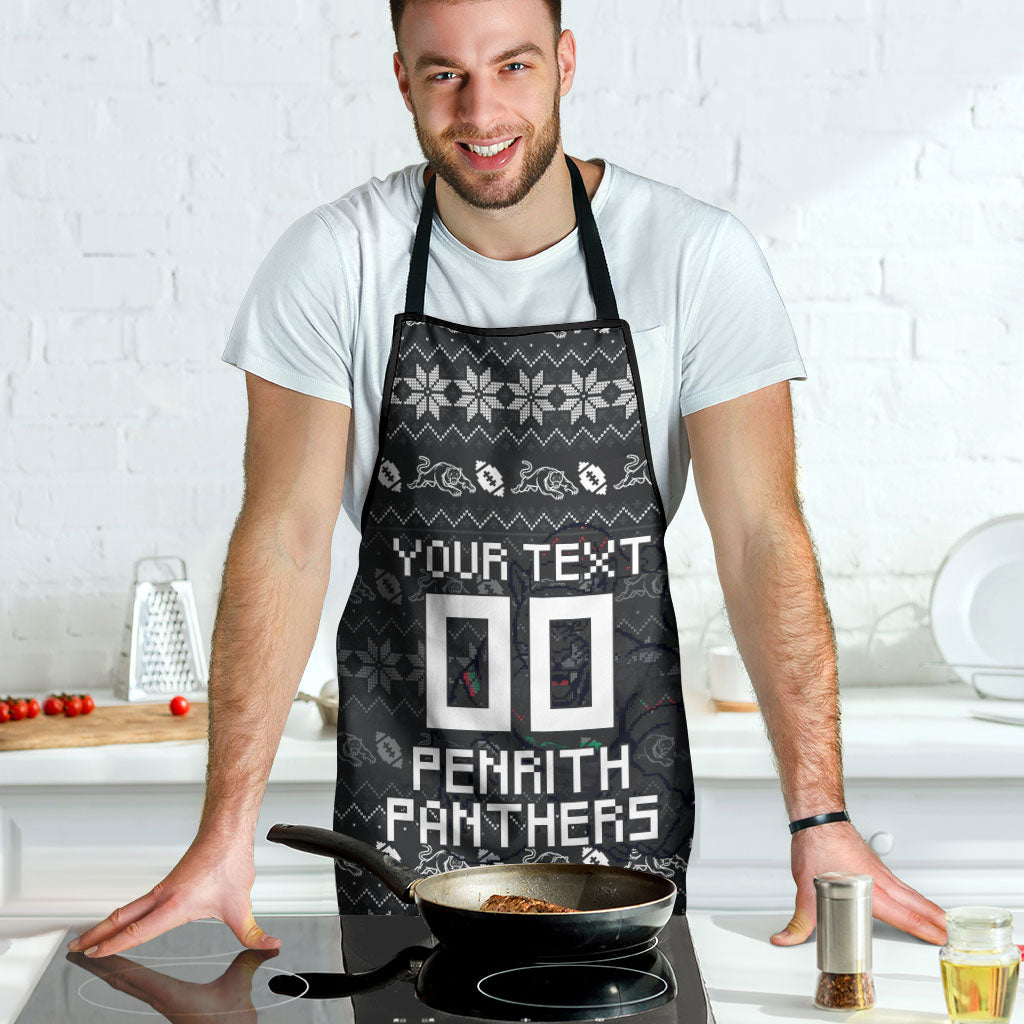 Personalized Penrith Panthers Christmas Apron Australian Rugby Fans - Pixelated Ugly Xmas Pattern Mascot Santa