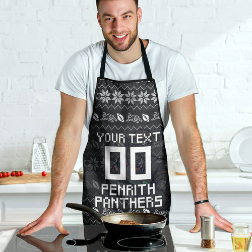 Personalized Penrith Panthers Christmas Apron Australian Rugby Fans - Pixelated Ugly Xmas Pattern Mascot Santa