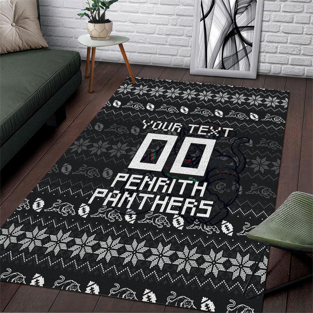 Personalized Penrith Panthers Christmas Area Rug Australian Rugby Fans - Pixelated Ugly Xmas Pattern Mascot Santa