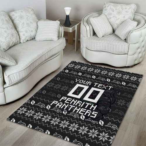 Personalized Penrith Panthers Christmas Area Rug Australian Rugby Fans - Pixelated Ugly Xmas Pattern Mascot Santa