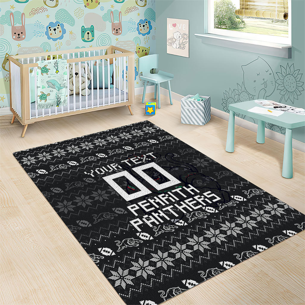 Personalized Penrith Panthers Christmas Area Rug Australian Rugby Fans - Pixelated Ugly Xmas Pattern Mascot Santa