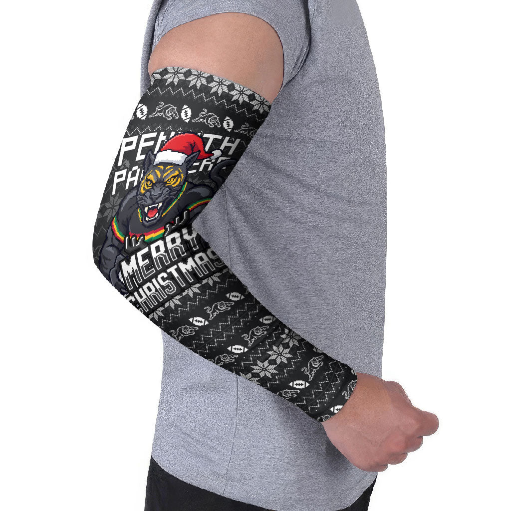 Personalized Penrith Panthers Christmas Arm Sleeves Australian Rugby Fans - Pixelated Ugly Xmas Pattern Mascot Santa