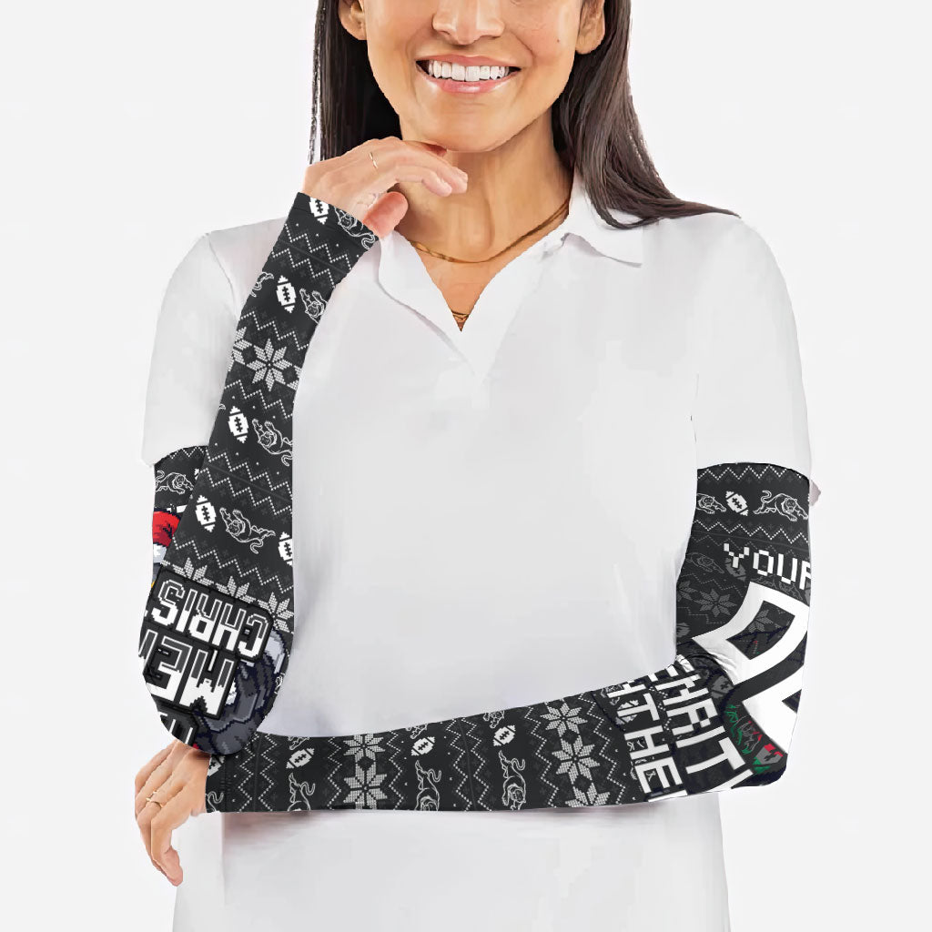 Personalized Penrith Panthers Christmas Arm Sleeves Australian Rugby Fans - Pixelated Ugly Xmas Pattern Mascot Santa