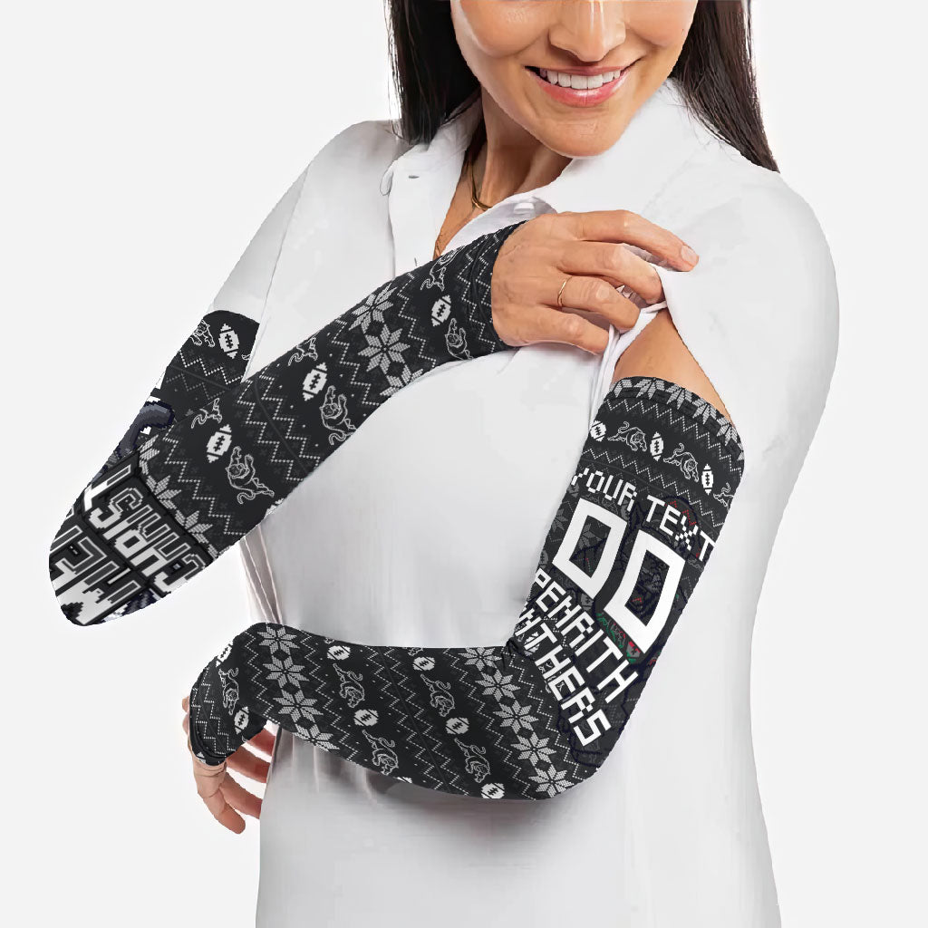Personalized Penrith Panthers Christmas Arm Sleeves Australian Rugby Fans - Pixelated Ugly Xmas Pattern Mascot Santa