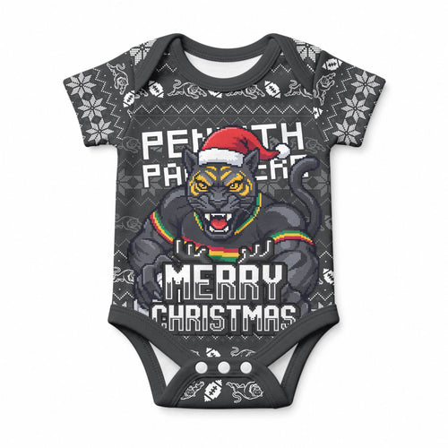 Personalized Penrith Panthers Christmas Baby Onesie Australian Rugby Fans - Pixelated Ugly Xmas Pattern Mascot Santa