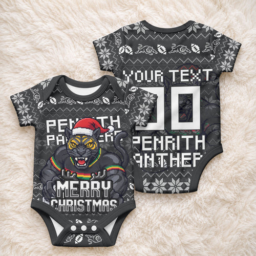 Personalized Penrith Panthers Christmas Baby Onesie Australian Rugby Fans - Pixelated Ugly Xmas Pattern Mascot Santa