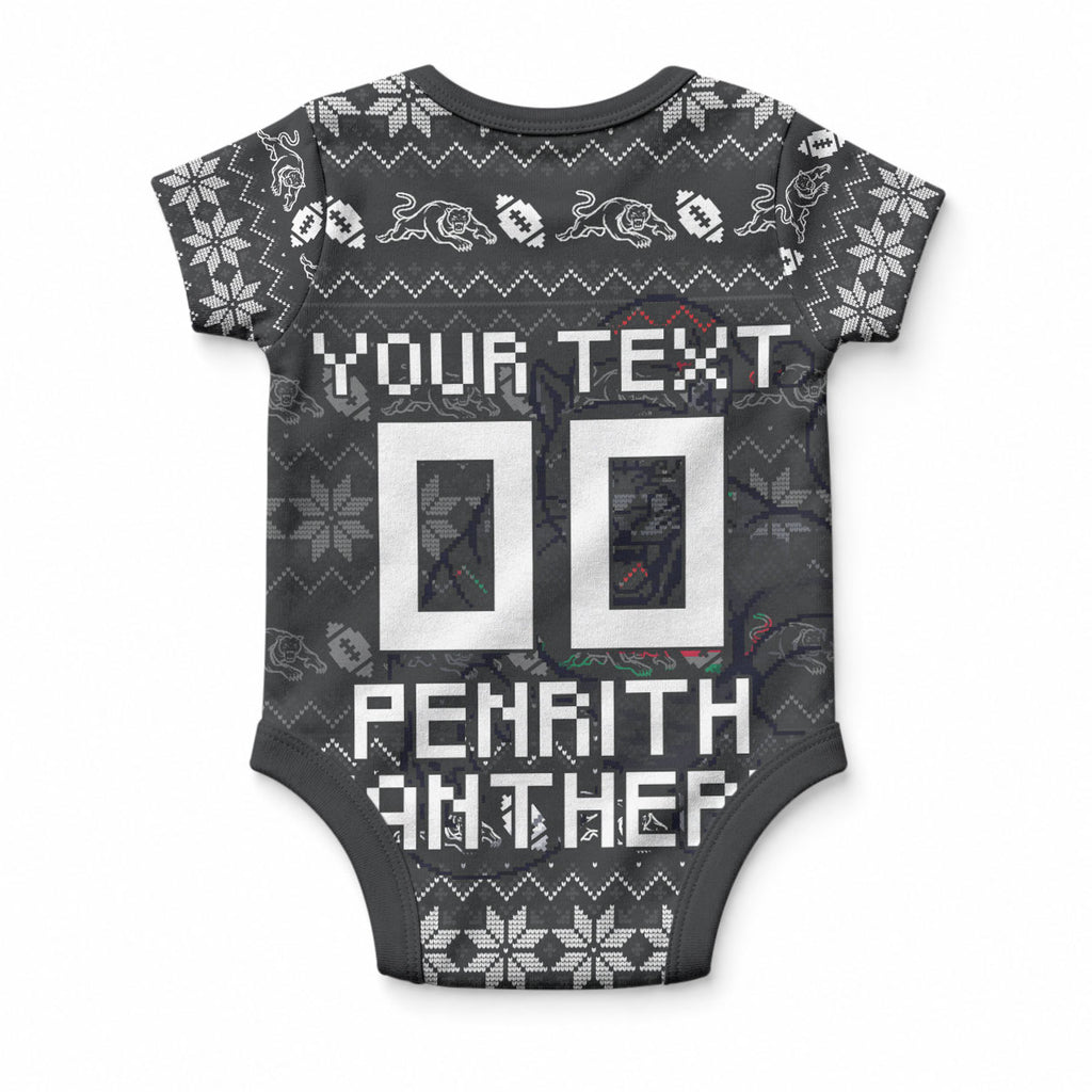 Personalized Penrith Panthers Christmas Baby Onesie Australian Rugby Fans - Pixelated Ugly Xmas Pattern Mascot Santa