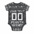 Personalized Penrith Panthers Christmas Baby Onesie Australian Rugby Fans - Pixelated Ugly Xmas Pattern Mascot Santa
