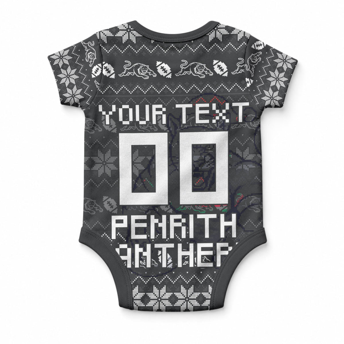 Personalized Penrith Panthers Christmas Baby Onesie Australian Rugby Fans - Pixelated Ugly Xmas Pattern Mascot Santa