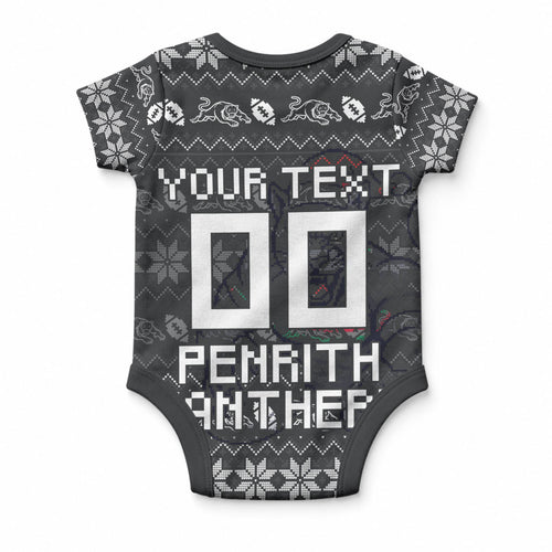 Personalized Penrith Panthers Christmas Baby Onesie Australian Rugby Fans - Pixelated Ugly Xmas Pattern Mascot Santa