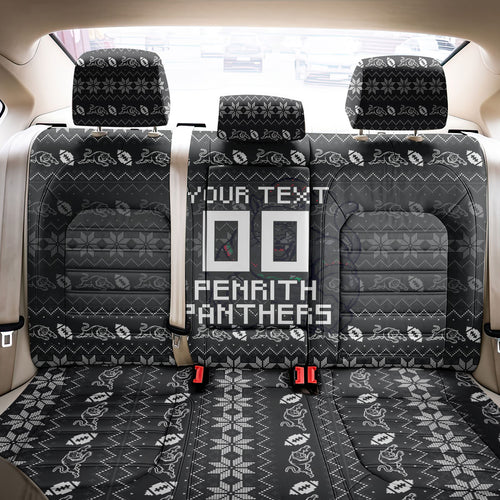 Personalized Penrith Panthers Christmas Back Car Seat Cover Australian Rugby Fans - Pixelated Ugly Xmas Pattern Mascot Santa