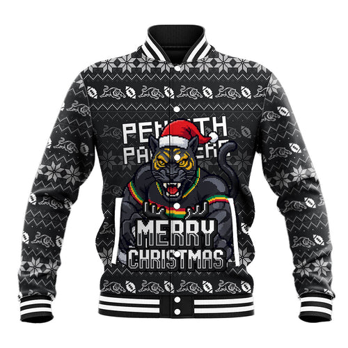 Personalized Penrith Panthers Christmas Baseball Jacket Australian Rugby Fans - Pixelated Ugly Xmas Pattern Mascot Santa