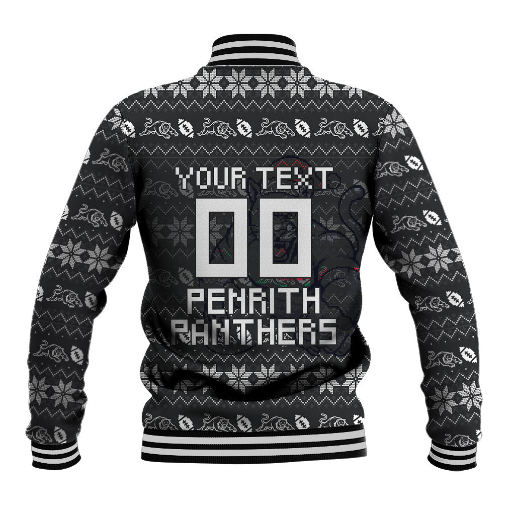 Personalized Penrith Panthers Christmas Baseball Jacket Australian Rugby Fans - Pixelated Ugly Xmas Pattern Mascot Santa