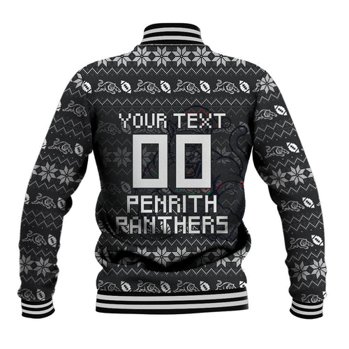 Personalized Penrith Panthers Christmas Baseball Jacket Australian Rugby Fans - Pixelated Ugly Xmas Pattern Mascot Santa