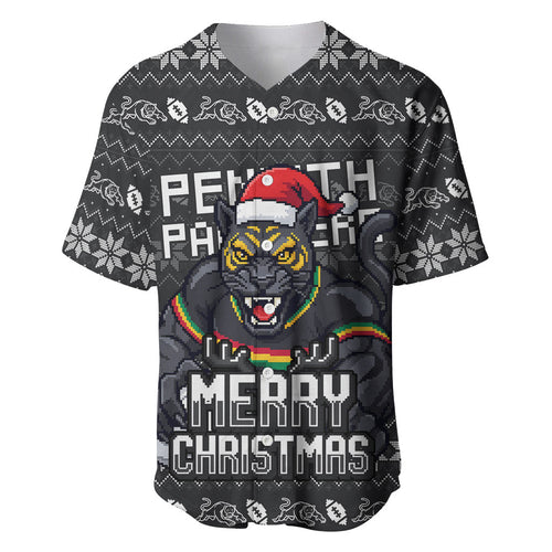 Personalized Penrith Panthers Christmas Baseball Jersey Australian Rugby Fans - Pixelated Ugly Xmas Pattern Mascot Santa