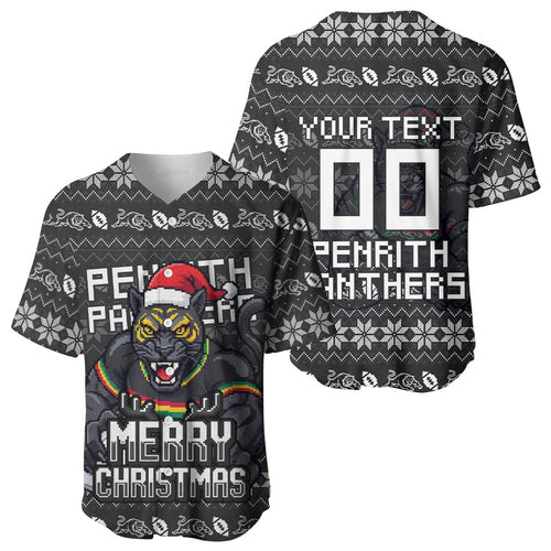 Personalized Penrith Panthers Christmas Baseball Jersey Australian Rugby Fans - Pixelated Ugly Xmas Pattern Mascot Santa