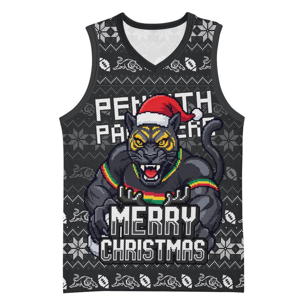 Personalized Penrith Panthers Christmas Basketball Jersey Australian Rugby Fans - Pixelated Ugly Xmas Pattern Mascot Santa