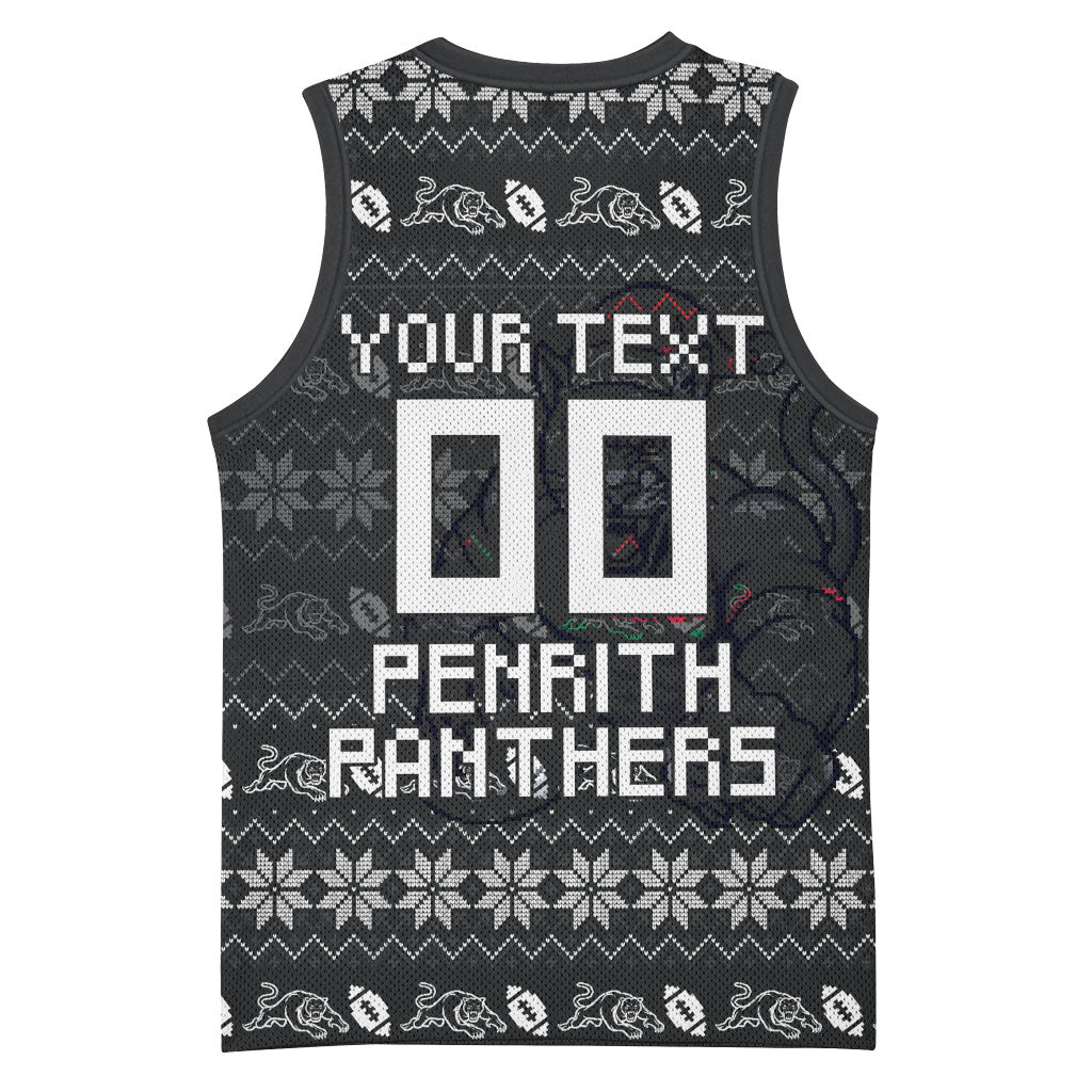 Personalized Penrith Panthers Christmas Basketball Jersey Australian Rugby Fans - Pixelated Ugly Xmas Pattern Mascot Santa