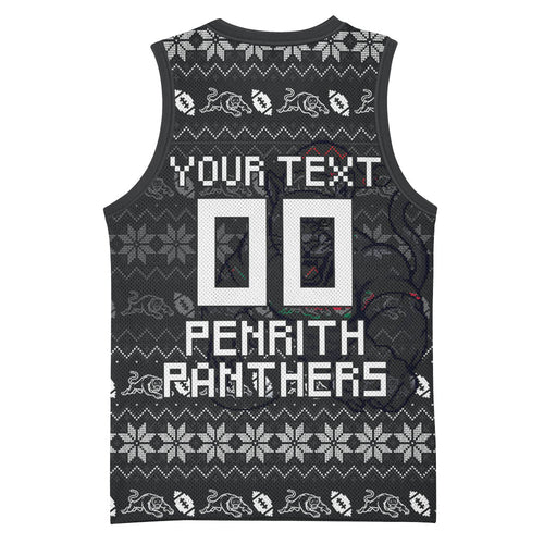 Personalized Penrith Panthers Christmas Basketball Jersey Australian Rugby Fans - Pixelated Ugly Xmas Pattern Mascot Santa