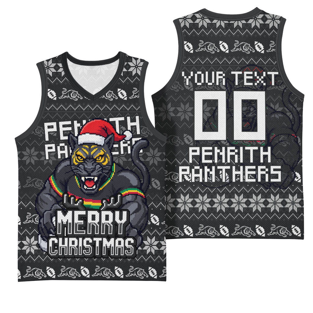 Personalized Penrith Panthers Christmas Basketball Jersey Australian Rugby Fans - Pixelated Ugly Xmas Pattern Mascot Santa