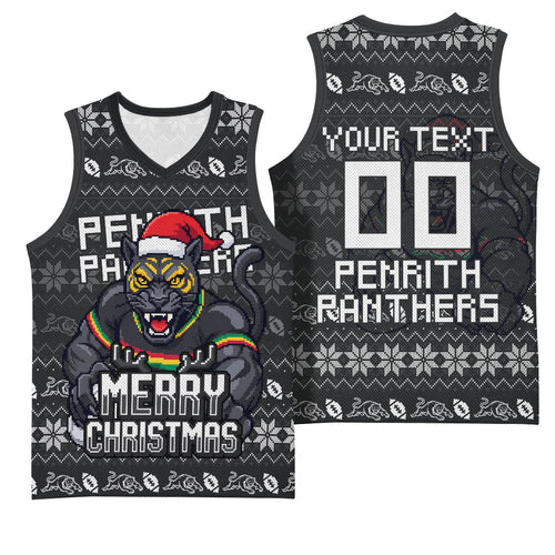 Personalized Penrith Panthers Christmas Basketball Jersey Australian Rugby Fans - Pixelated Ugly Xmas Pattern Mascot Santa