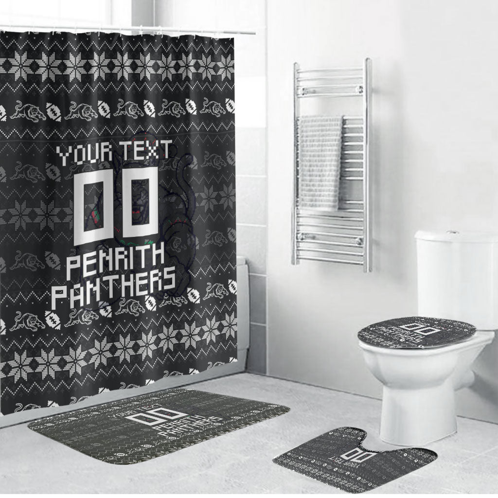 Personalized Penrith Panthers Christmas Bathroom Set Australian Rugby Fans - Pixelated Ugly Xmas Pattern Mascot Santa