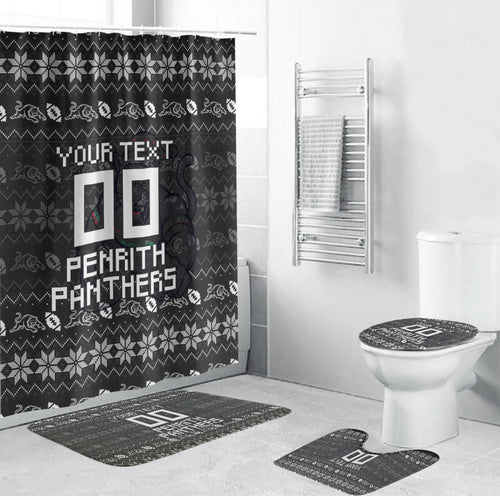 Personalized Penrith Panthers Christmas Bathroom Set Australian Rugby Fans - Pixelated Ugly Xmas Pattern Mascot Santa
