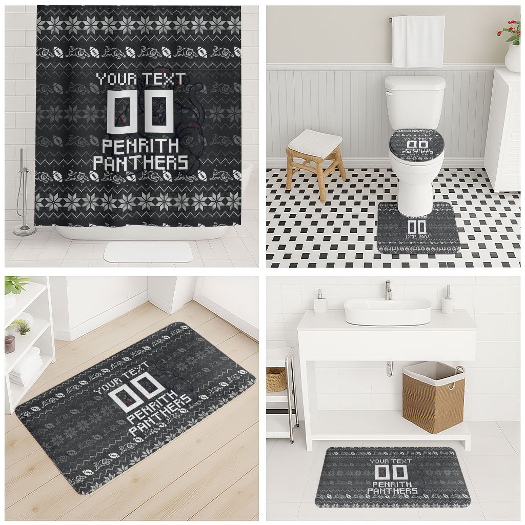 Personalized Penrith Panthers Christmas Bathroom Set Australian Rugby Fans - Pixelated Ugly Xmas Pattern Mascot Santa