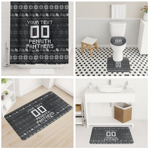 Personalized Penrith Panthers Christmas Bathroom Set Australian Rugby Fans - Pixelated Ugly Xmas Pattern Mascot Santa