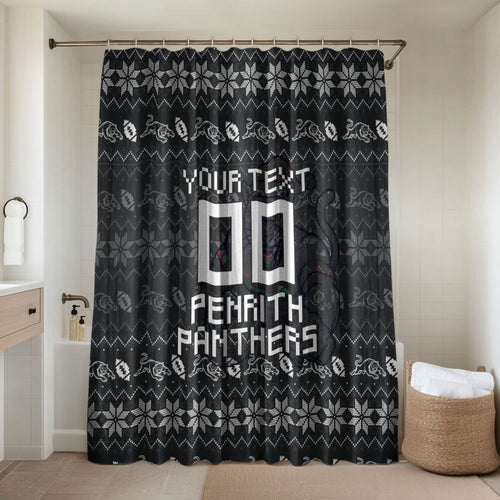 Personalized Penrith Panthers Christmas Bathroom Set Australian Rugby Fans - Pixelated Ugly Xmas Pattern Mascot Santa