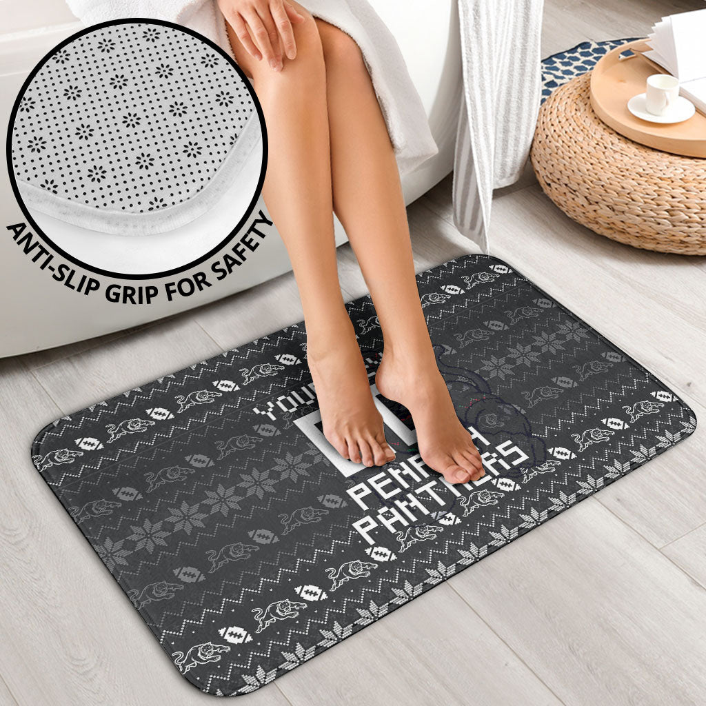 Personalized Penrith Panthers Christmas Bathroom Set Australian Rugby Fans - Pixelated Ugly Xmas Pattern Mascot Santa