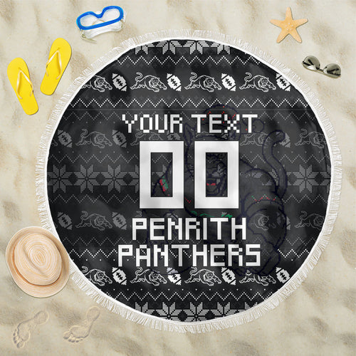 Personalized Penrith Panthers Christmas Beach Blanket Australian Rugby Fans - Pixelated Ugly Xmas Pattern Mascot Santa
