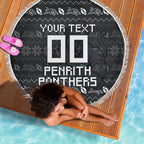 Personalized Penrith Panthers Christmas Beach Blanket Australian Rugby Fans - Pixelated Ugly Xmas Pattern Mascot Santa