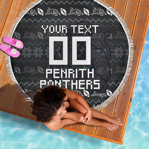 Personalized Penrith Panthers Christmas Beach Blanket Australian Rugby Fans - Pixelated Ugly Xmas Pattern Mascot Santa