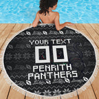 Personalized Penrith Panthers Christmas Beach Blanket Australian Rugby Fans - Pixelated Ugly Xmas Pattern Mascot Santa