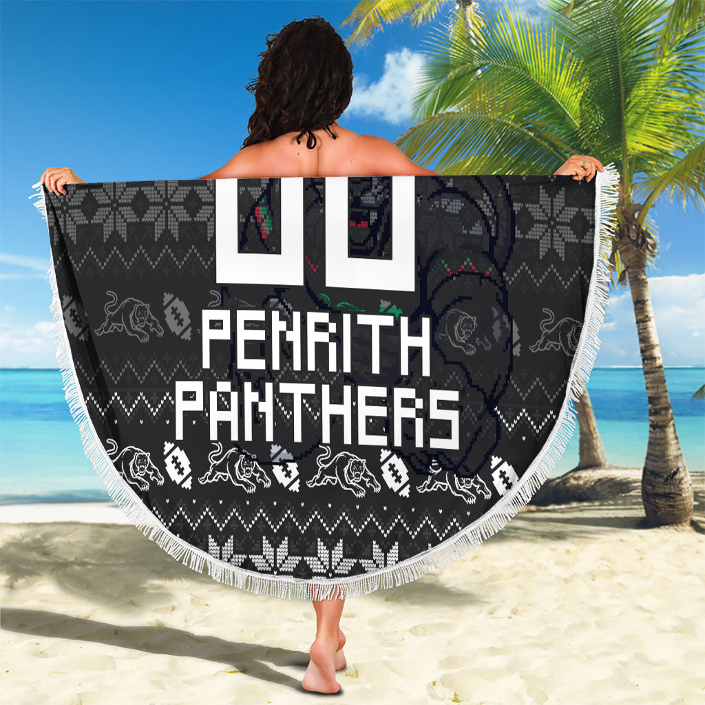 Personalized Penrith Panthers Christmas Beach Blanket Australian Rugby Fans - Pixelated Ugly Xmas Pattern Mascot Santa