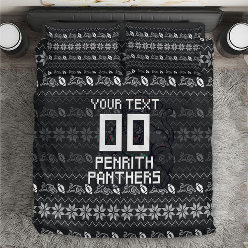 Personalized Penrith Panthers Christmas Bedding Set Australian Rugby Fans - Pixelated Ugly Xmas Pattern Mascot Santa