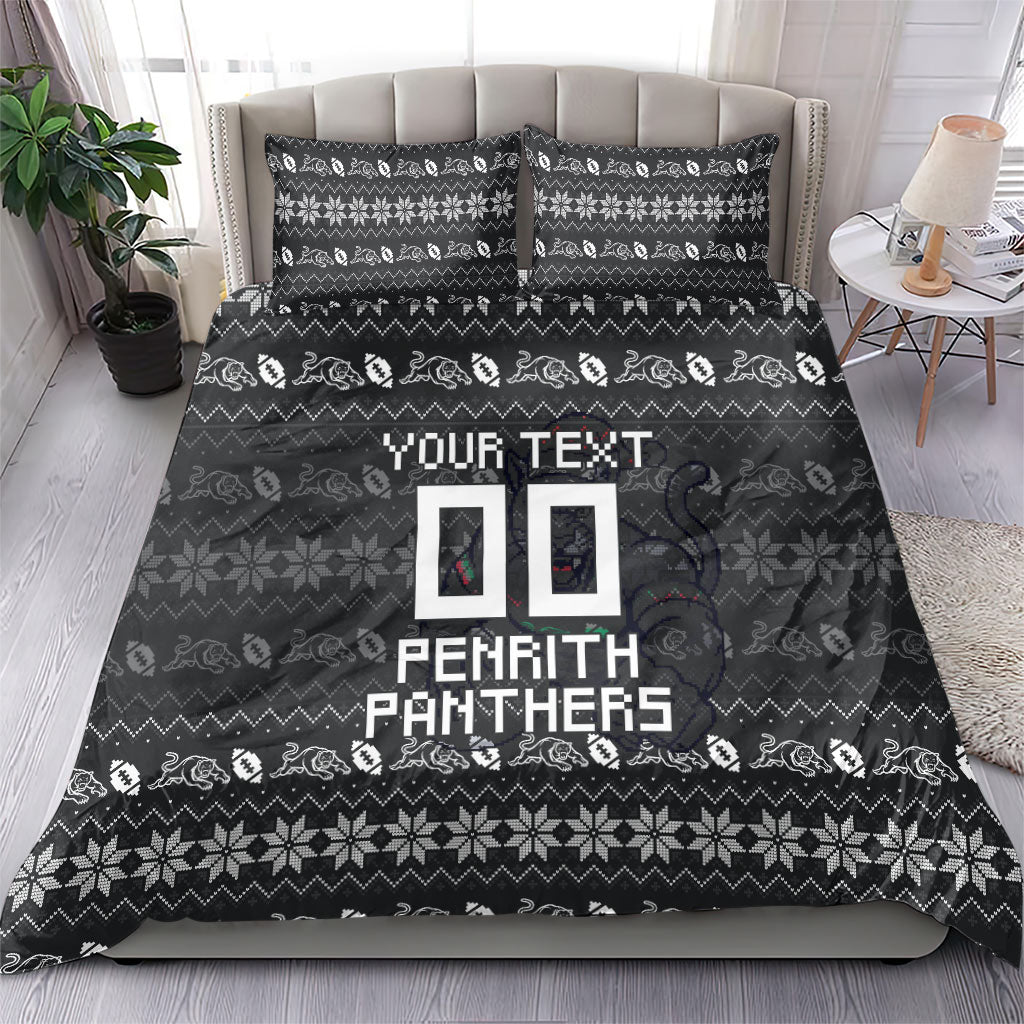 Personalized Penrith Panthers Christmas Bedding Set Australian Rugby Fans - Pixelated Ugly Xmas Pattern Mascot Santa
