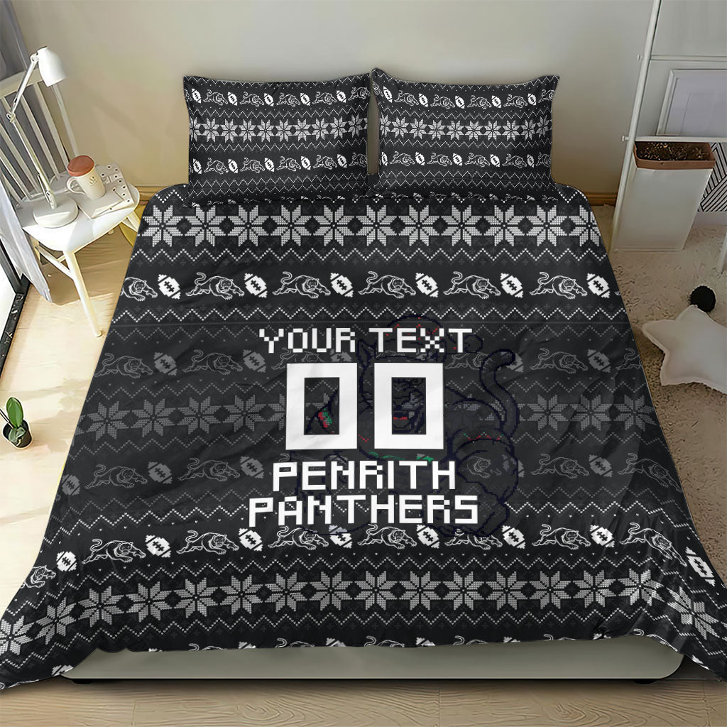 Personalized Penrith Panthers Christmas Bedding Set Australian Rugby Fans - Pixelated Ugly Xmas Pattern Mascot Santa