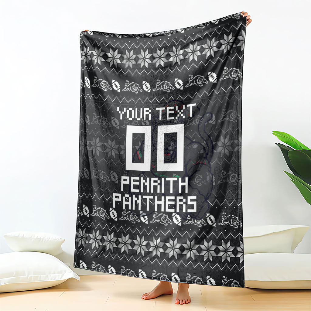 Personalized Penrith Panthers Christmas Blanket Australian Rugby Fans - Pixelated Ugly Xmas Pattern Mascot Santa