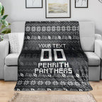 Personalized Penrith Panthers Christmas Blanket Australian Rugby Fans - Pixelated Ugly Xmas Pattern Mascot Santa