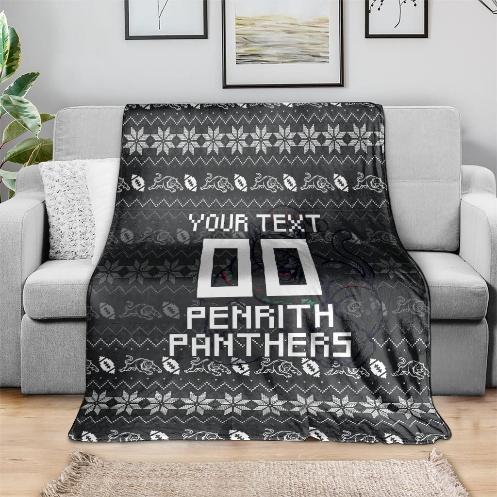 Personalized Penrith Panthers Christmas Blanket Australian Rugby Fans - Pixelated Ugly Xmas Pattern Mascot Santa