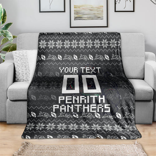 Personalized Penrith Panthers Christmas Blanket Australian Rugby Fans - Pixelated Ugly Xmas Pattern Mascot Santa