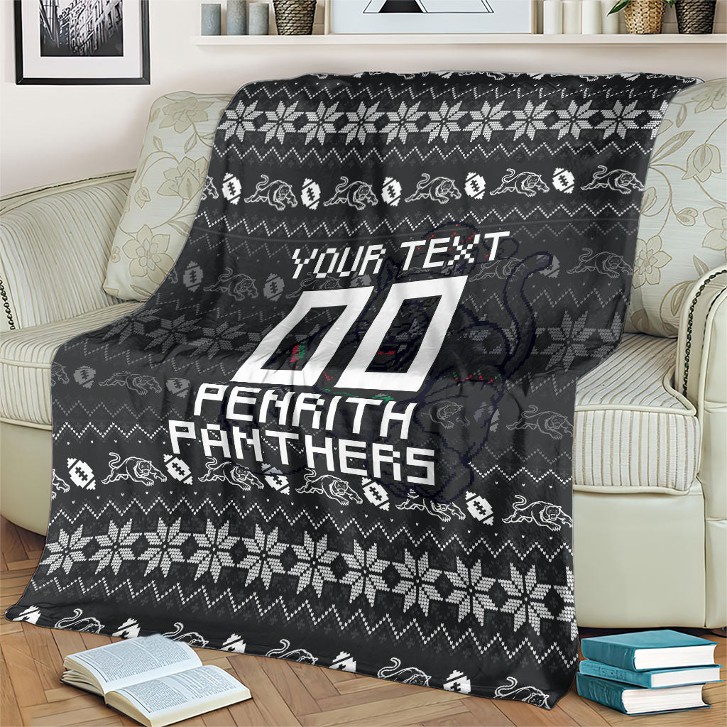 Personalized Penrith Panthers Christmas Blanket Australian Rugby Fans - Pixelated Ugly Xmas Pattern Mascot Santa