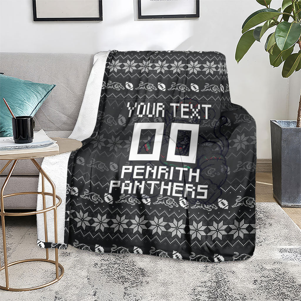 Personalized Penrith Panthers Christmas Blanket Australian Rugby Fans - Pixelated Ugly Xmas Pattern Mascot Santa