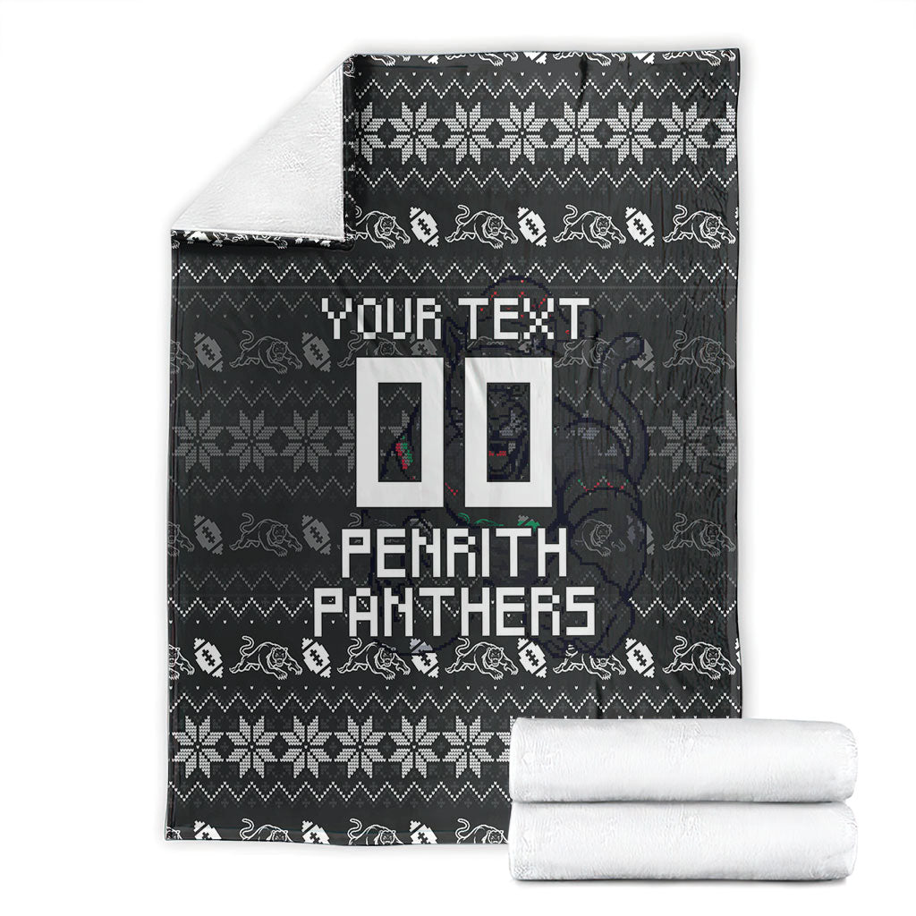 Personalized Penrith Panthers Christmas Blanket Australian Rugby Fans - Pixelated Ugly Xmas Pattern Mascot Santa