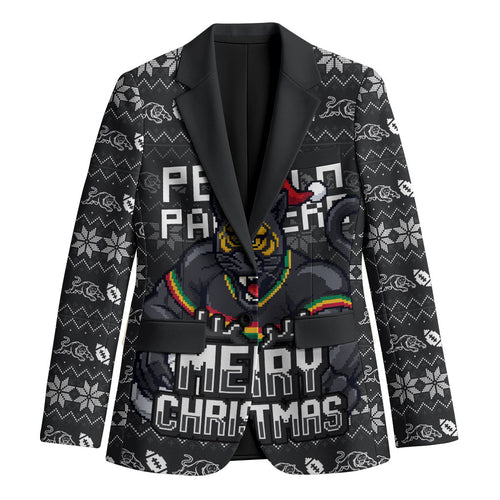 Personalized Penrith Panthers Christmas Blazer Australian Rugby Fans - Pixelated Ugly Xmas Pattern Mascot Santa