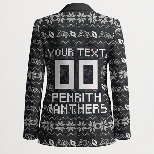 Personalized Penrith Panthers Christmas Blazer Australian Rugby Fans - Pixelated Ugly Xmas Pattern Mascot Santa