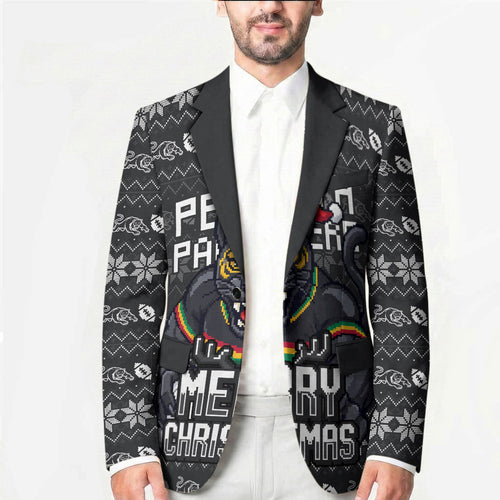 Personalized Penrith Panthers Christmas Blazer Australian Rugby Fans - Pixelated Ugly Xmas Pattern Mascot Santa